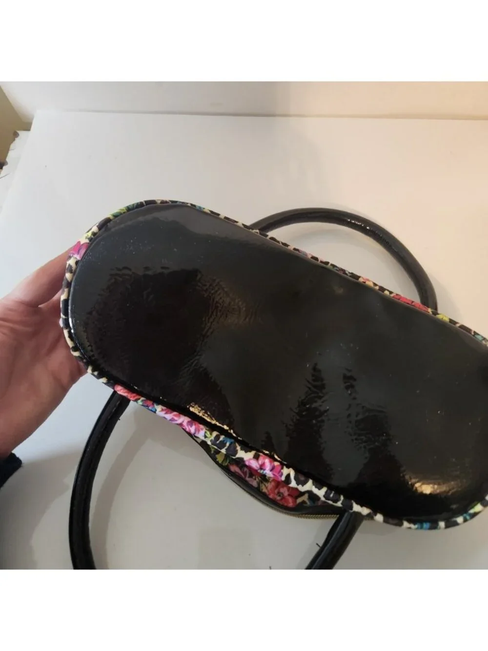 Betsey Johnson Leopard Floral Rose Dome Satchel Handbag Black Patent Trim